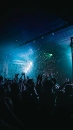 a crowd of people at a concert with their hands in the air