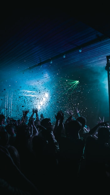 a crowd of people at a concert with their hands in the air