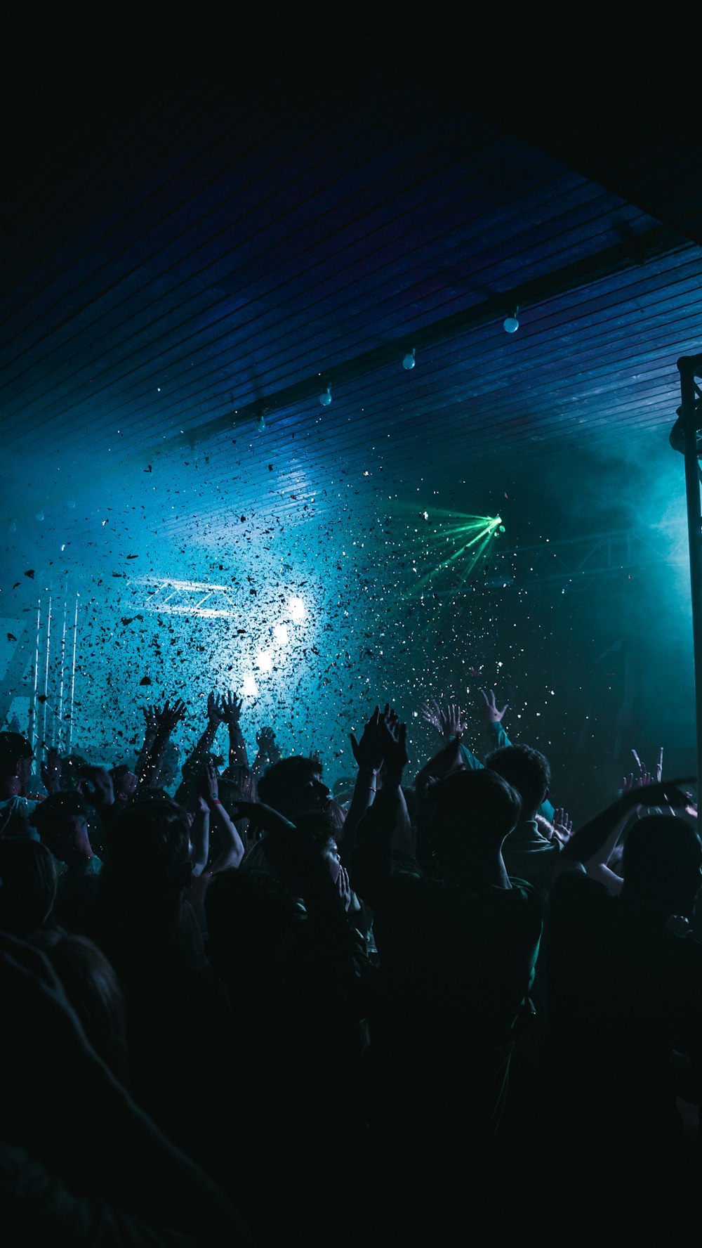 a crowd of people at a concert with their hands in the air