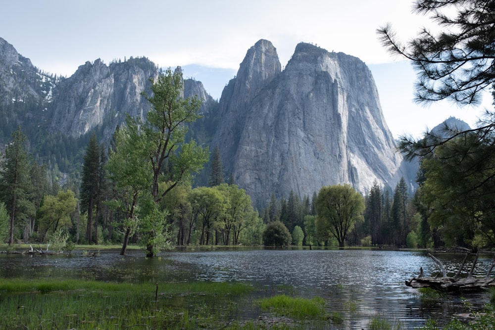 a lake surrounded by trees and mountains in the background