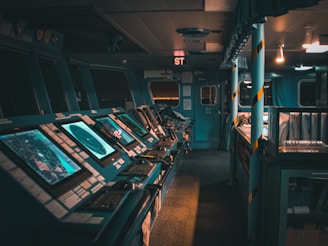 Navigational computer screens in the ship bridge