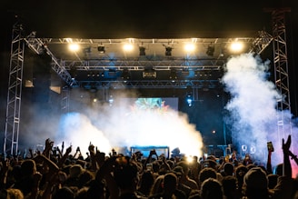 A crowded concert venue with a large stage, bright lights, and smoke effects, featuring a lively audience with raised hands and phones capturing the moment.