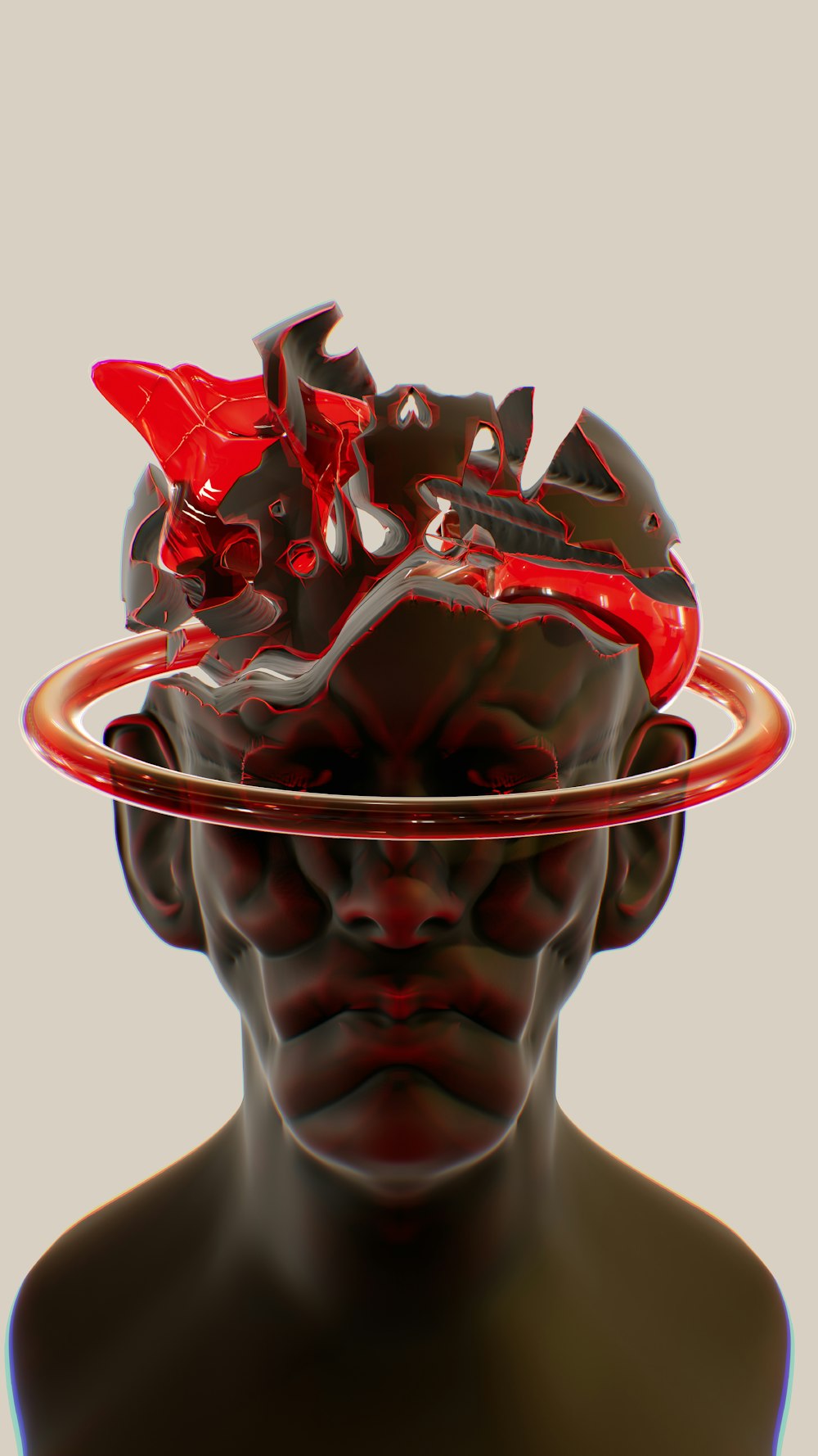 a man's head with a red object on top of it