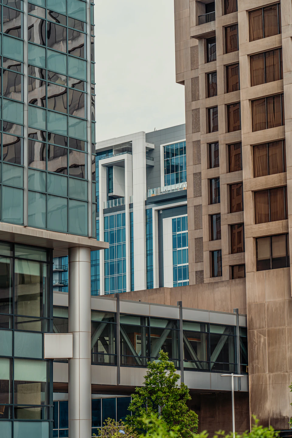 Three modern glass, white curved, and brown buildings stand at a city street corner together