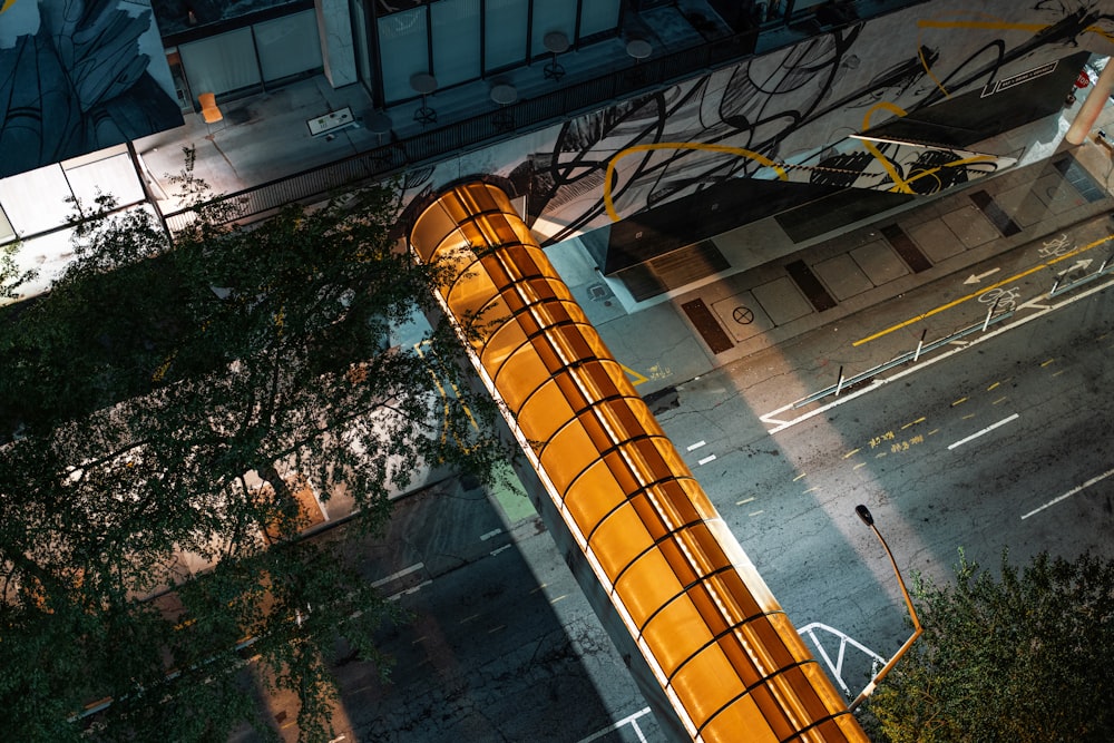 an overhead view of a city street at night