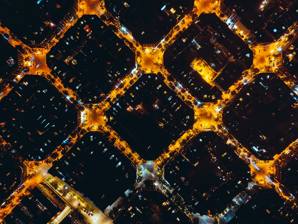 an aerial view of a city at night