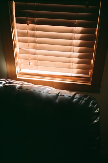 Wooden blinds partially opened with sunlight streaming through, casting shadows on a dark leather couch positioned below the window.