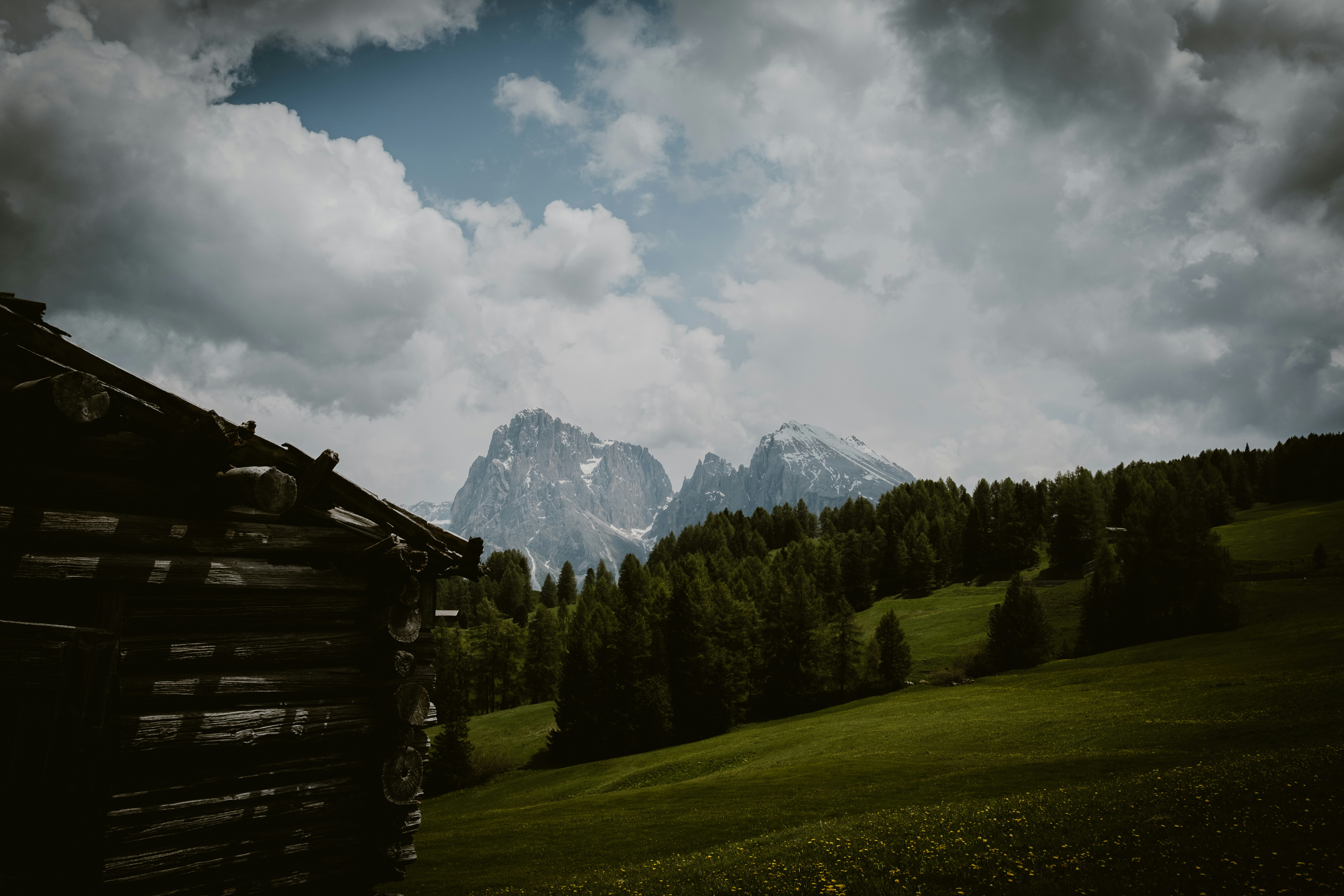 a house in a field with mountains in the background