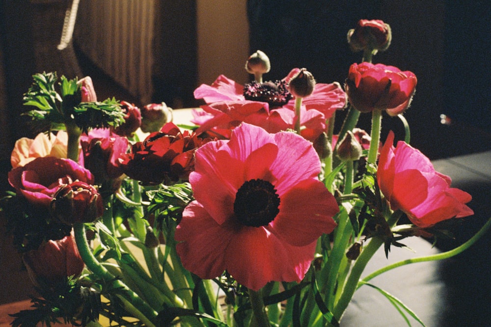 Un jarrón lleno de flores rosadas encima de una mesa