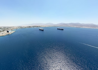 An expansive view of the Basra coastline with ships docked.