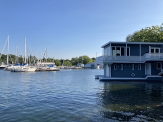 A peaceful waterfront view featuring a modern houseboat surrounded by calm water and greenery.