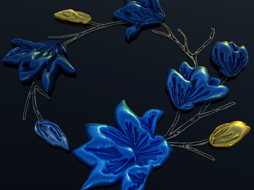 a blue flower with yellow leaves on a black background