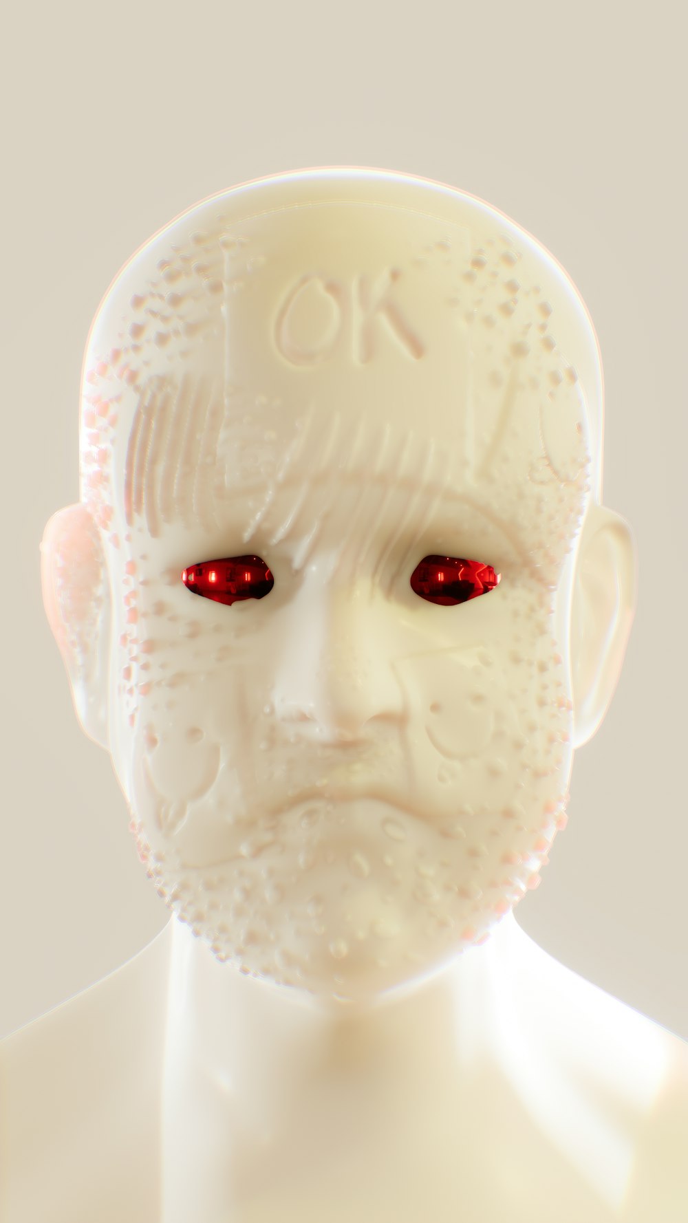 a close up of a white statue with red eyes