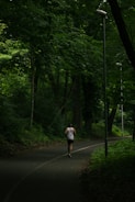 Person jogging through a forest path.