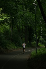 A serene morning scene with a person jogging along a blue-themed path surrounded by greenery.