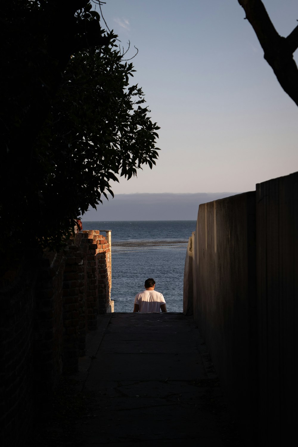 Una persona seduta su un muro che guarda l'oceano