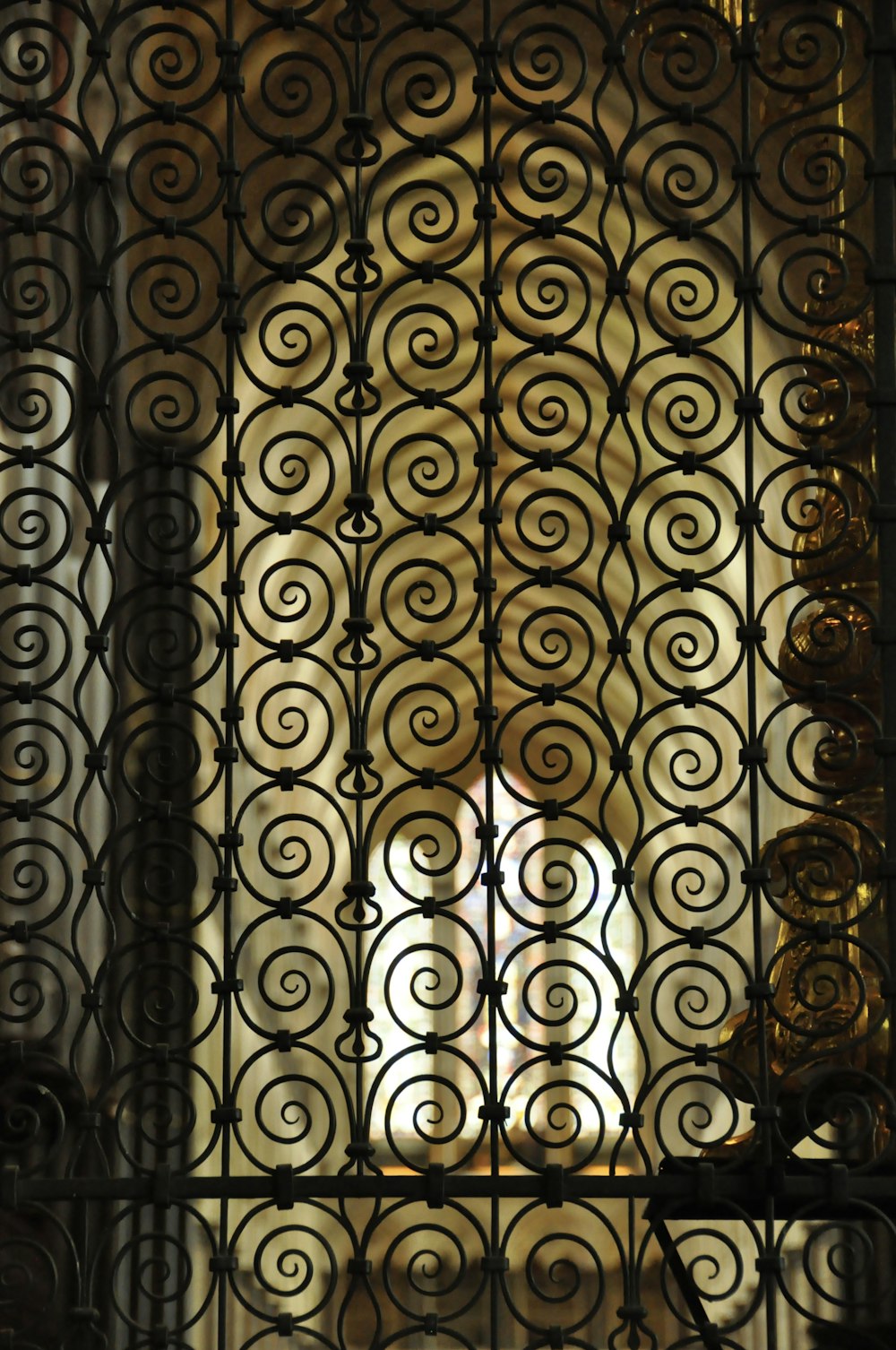 a close up of a metal gate with a window in the background