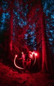 A glowing sensor node in a dark forest, highlighting early fire detection technology.