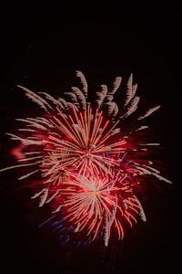 Brilliant red fireworks burst against a dark night sky, with bright streaks and trails creating an intricate pattern of light and color.