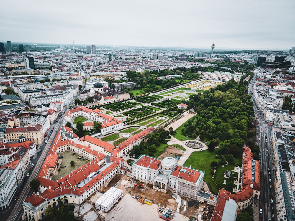 a bird's eye view of a city with lots of buildings