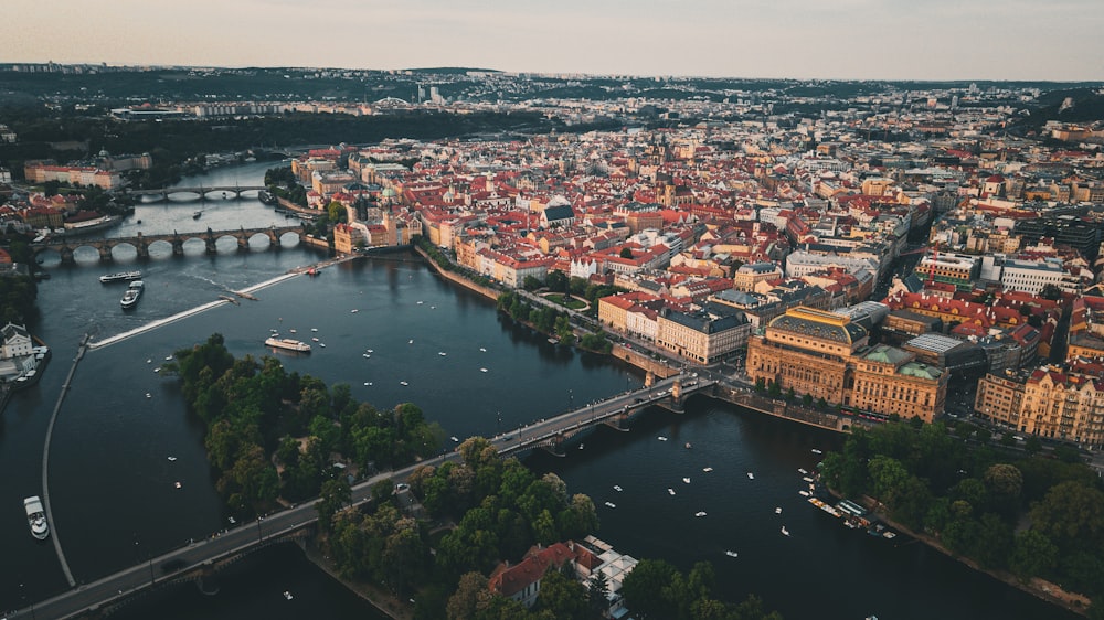 an aerial view of a city and a river