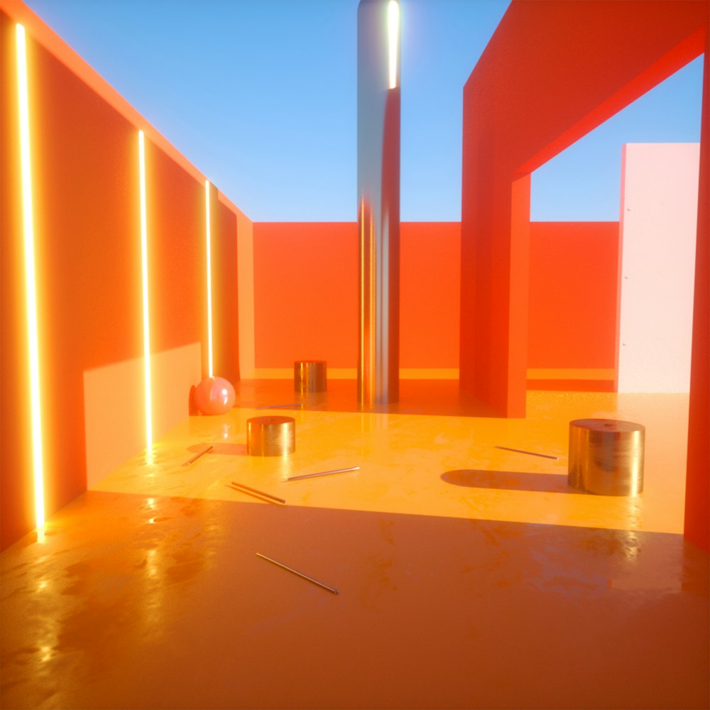 a room with orange walls and a yellow floor