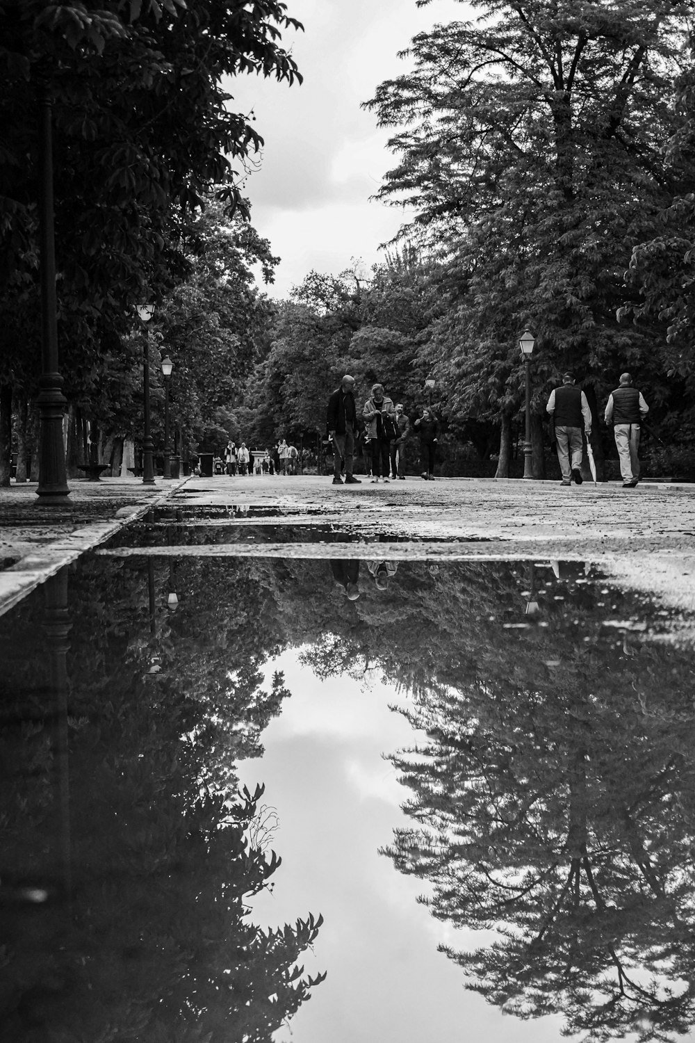 une photo en noir et blanc de personnes se promenant dans un parc
