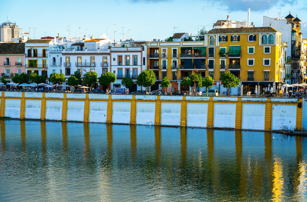 a body of water with buildings in the background