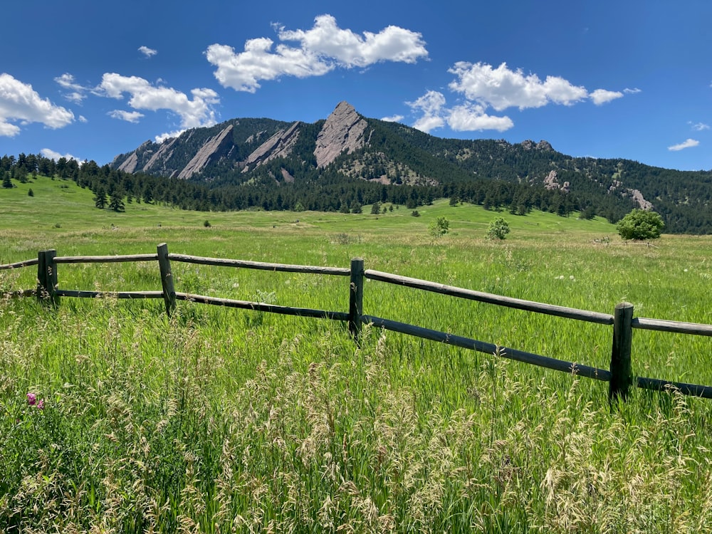 a wooden fence in a grassy field with mountains in the background