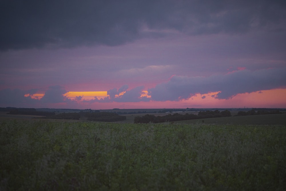 the sun is setting over a field of grass