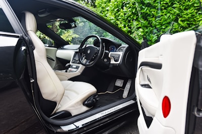 The image features the interior of a luxury car, showcasing a sleek design with cream leather seats. The steering wheel is detailed and the dashboard is modern with a digital display. The car door is open, revealing the spacious seating and finely crafted interior. Lush green foliage can be seen through the windows, adding a natural contrast to the luxury setting.