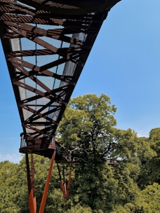 A metal walkway with an industrial design stretches over lush green trees under a clear blue sky. The structure is composed of steel beams and appears elevated, providing a vantage point above the forest canopy.