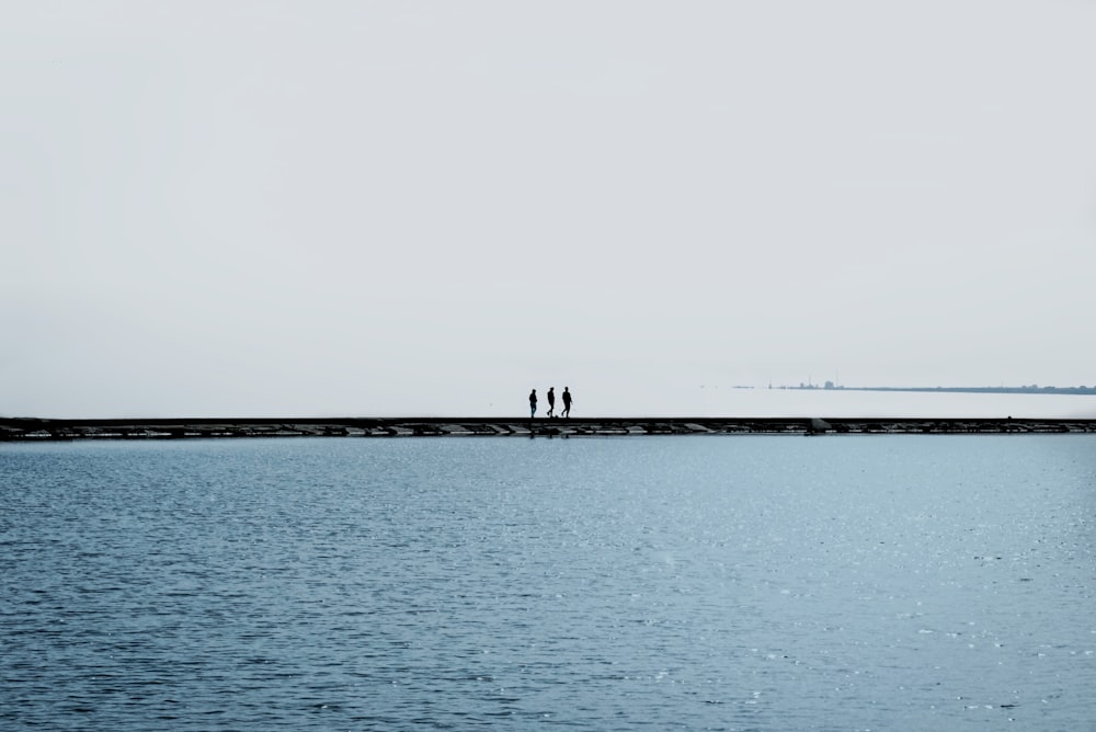 two people standing on a pier looking out over the water