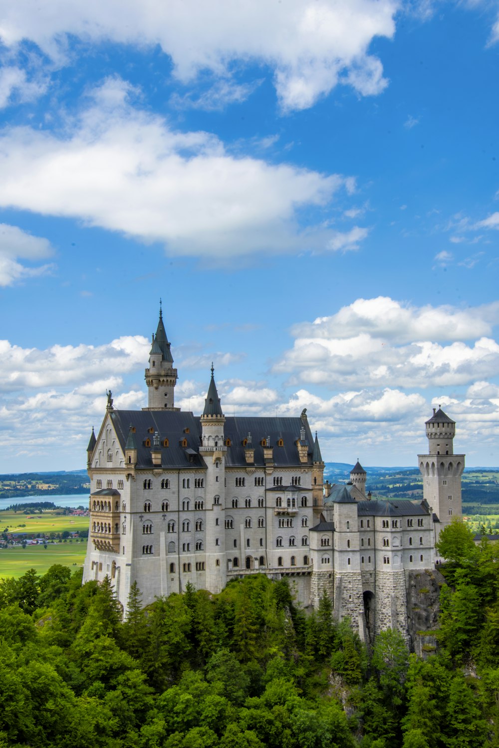 a large castle with towers surrounded by trees