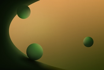 A minimalist design featuring three green spheres of varying sizes positioned on a gradient background transitioning from dark green to light brown. The spheres cast subtle shadows, creating a sense of depth.