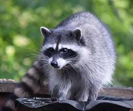 a raccoon standing on top of a roof