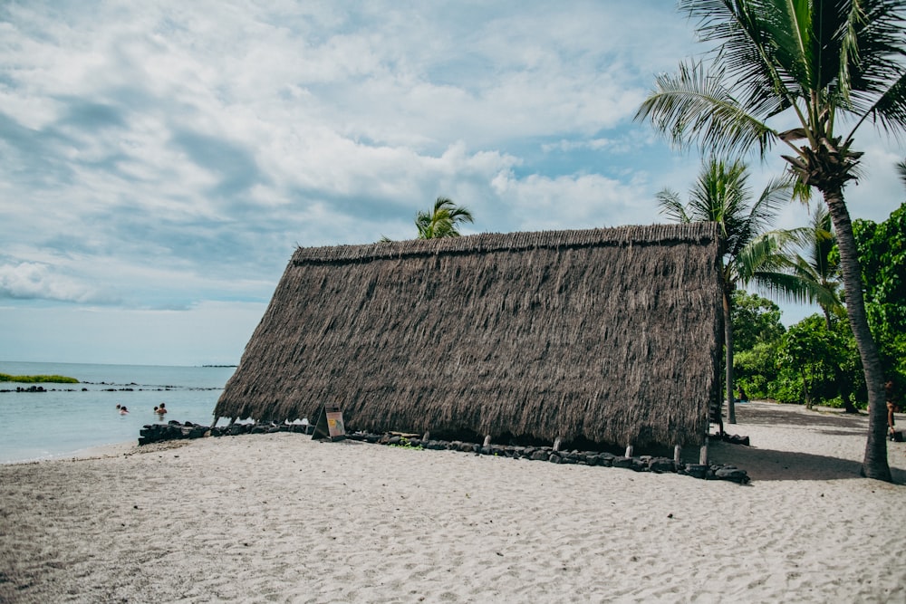 uma cabana em uma praia com palmeiras