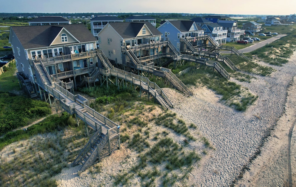 an aerial view of a row of beach houses