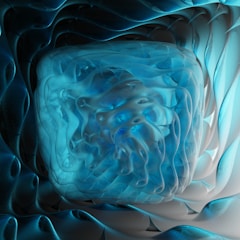 3D abstract rendering of geological layers with crystal-clear water flowing through them, in deep blue and matte carbon tones.