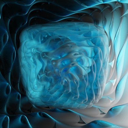 3D abstract rendering of geological layers with crystal-clear water flowing through them, in deep blue and matte carbon tones.