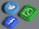 Three three-dimensional icons representing popular social media platforms are arranged against a neutral background. The icons have an embossed look, featuring a blue bird, a blue letter 'f', and a green phone symbol.