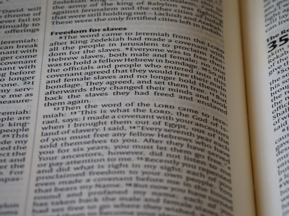 A close-up photo of an open book showing a passage that discusses the topic of freeing slaves. The text is formatted in columns with a heading 'Freedom for slaves' at the top, typical of a religious or historical text.