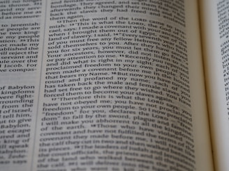 The image depicts an open book with text on its pages. The text is printed in a clear, serif font, oriented in columns. The visible content includes religious or biblical references and structured paragraphs. There is a focus on the words, which are highlighted by the close-up shot.