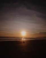 Sunrise silhouette of a lone runner on a beach with waves in the background.