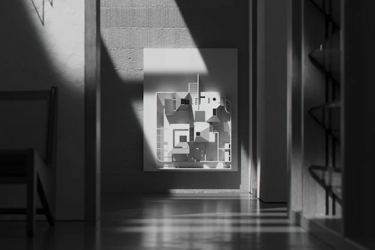 A stylish city apartment interior showcasing glossy finishes, abstract artwork, and minimalist furniture in a contemporary style.