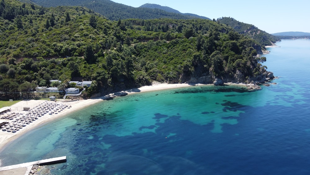 an aerial view of a beach and a resort