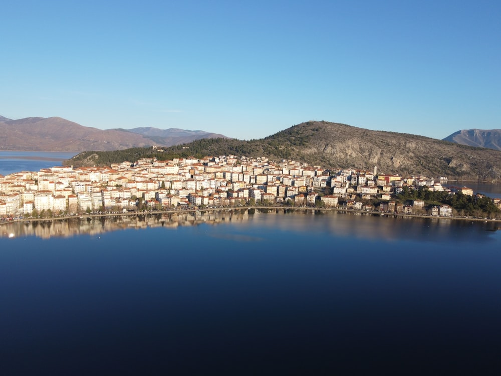 a small village on a small island in the middle of a lake