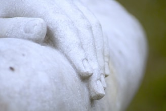 Close-up view of a marble sculpture depicting two intertwined hands resting on a knee, showcasing fine details in the carving and smooth texture of the stone.