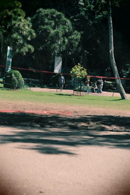 Green park area with walking paths and benches under trees.