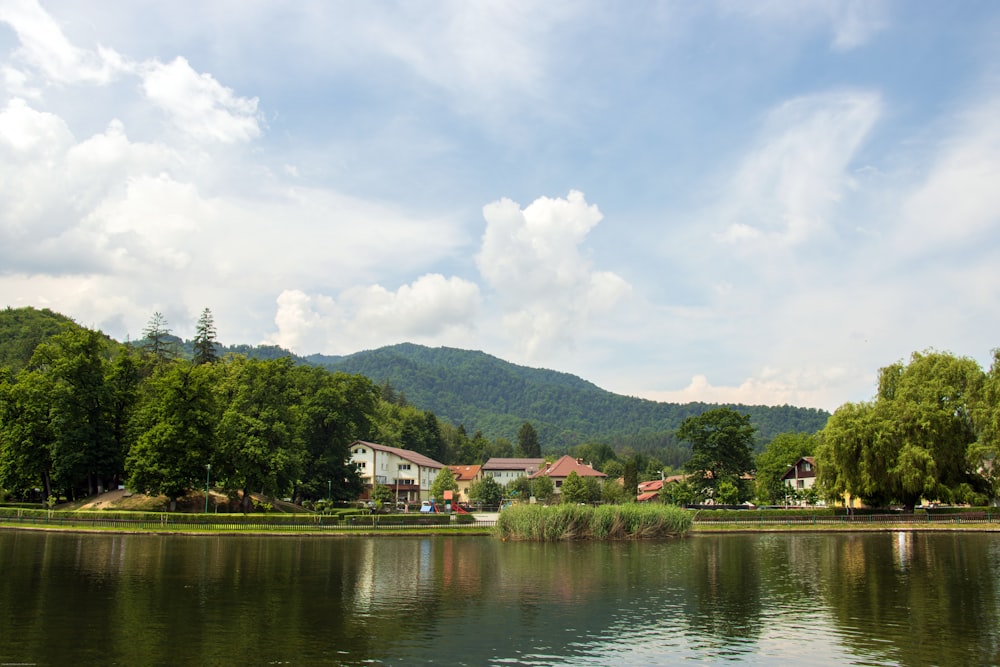 a body of water surrounded by trees and houses